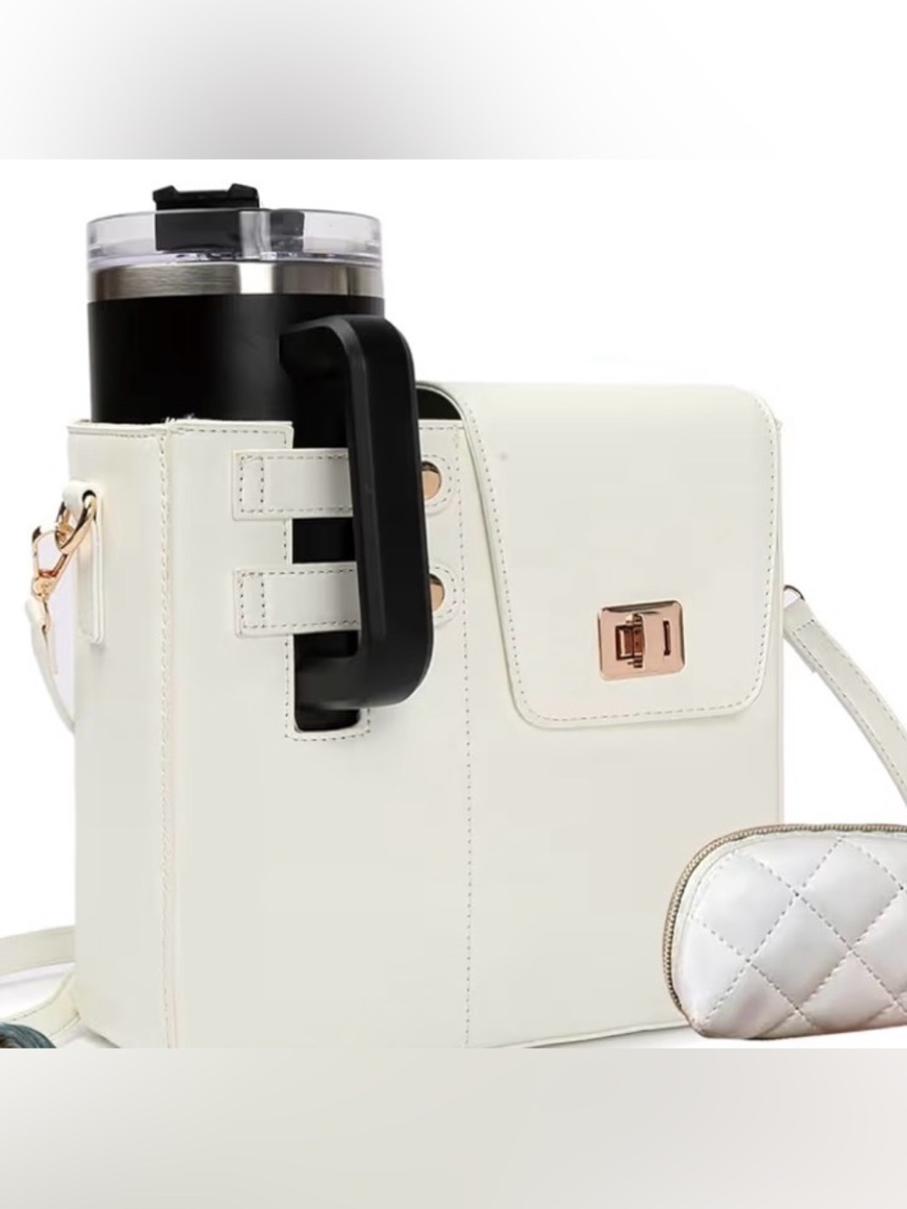 White 40oz Stanley Tumbler with Crossbody Bag Cup Holder with Keychain Pouch NWT - Picture 5 of 13